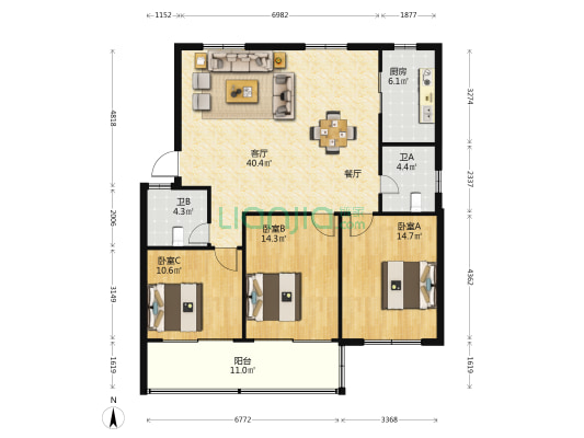 幸福花园 3室1厅2卫 119平方