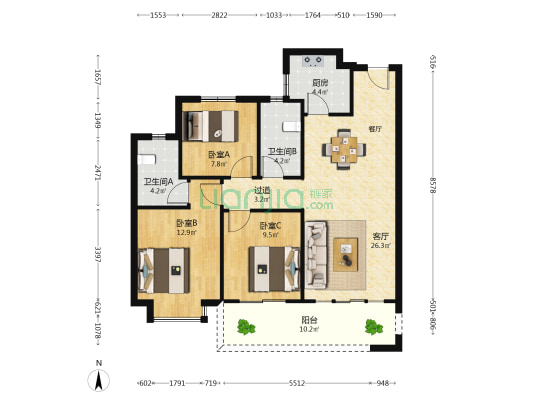 金投铂翠中央 3室1厅2卫 107平方