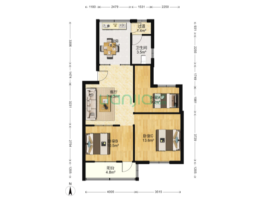 检察院宿舍(邳州市) 3室1厅1卫 89平方