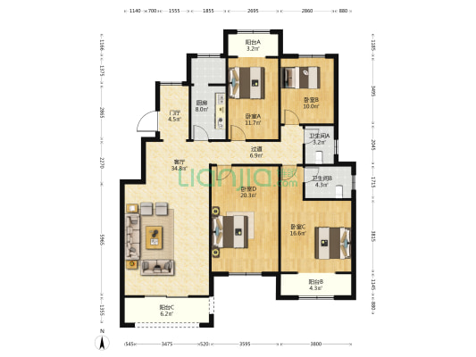 正商玉兰谷一期 4室1厅2卫 161平方
