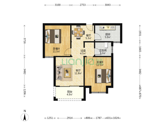 同德悦庭 2室2厅1卫 80平方
