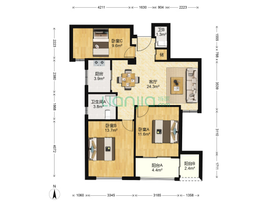 旸湖锦园 3室1厅2卫 98平方