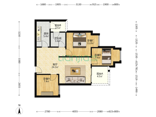 龙湖颐天展图森镜 3室1厅1卫 83平方