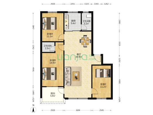 翠华小区 3室1厅2卫 105平方