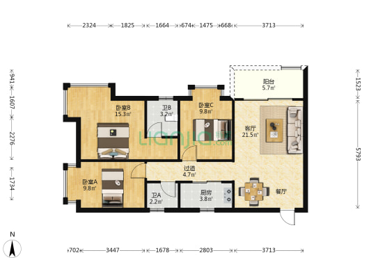 雅乐园 3室1厅2卫 98平方