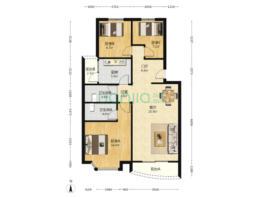 顺景大厦 3室1厅2卫 109平方
