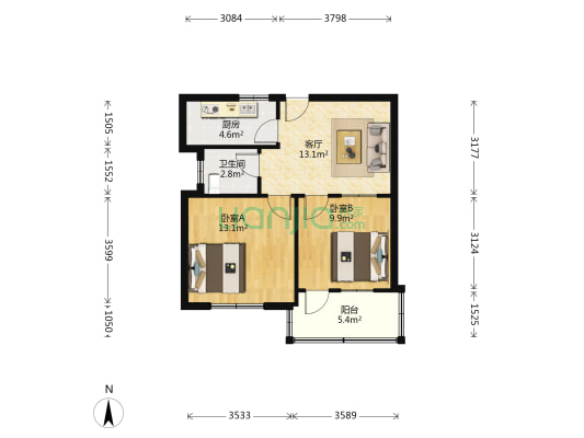 市印刷厂宿舍 2室1厅1卫 58平方