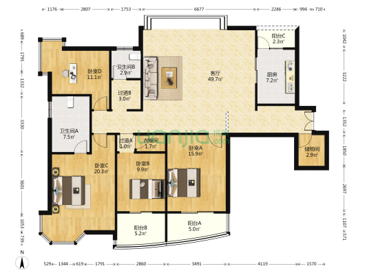城市假日 4室1厅2卫 171平方