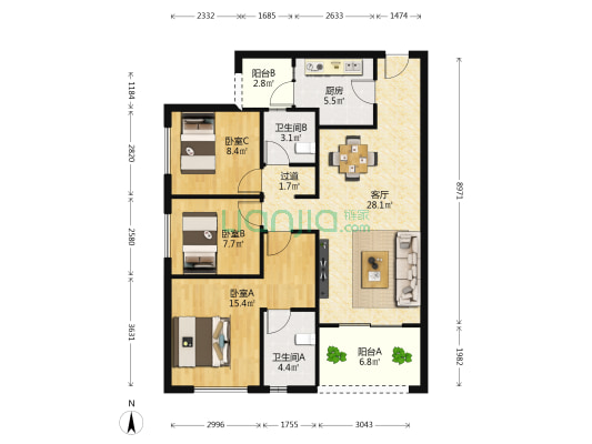 万科理想城G区 3室1厅2卫 99平方
