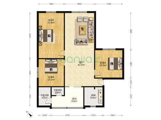 明庭佳园 3室1厅2卫 135平方