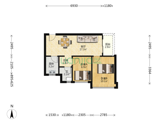 鸿荣源尚璟公馆 2室1厅1卫 60平方