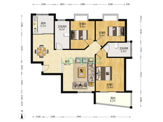 翠锦苑 3室1厅2卫 111平方