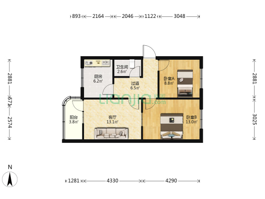 陵西北大街63号院 2室1厅1卫 65平方