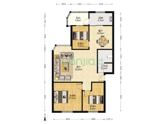 白龙新区 3室2厅1卫 97平方