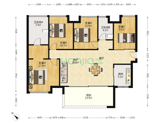 九洲保利天和（二期） 4室1厅2卫 134平方