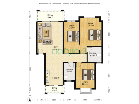 联达山与城 3室1厅2卫 113平方