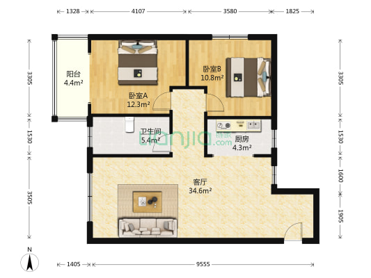 东江公寓 2室1厅1卫 92平方