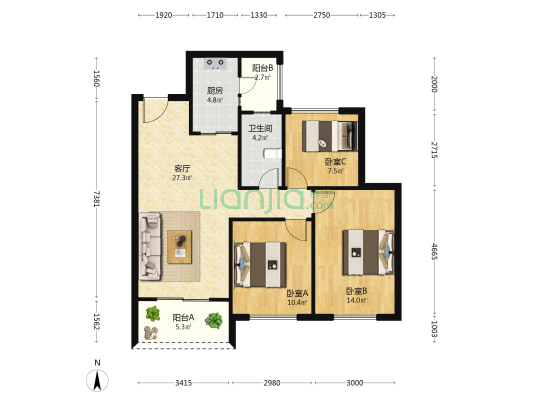绿地滇池国际健康城 3室1厅1卫 91平方