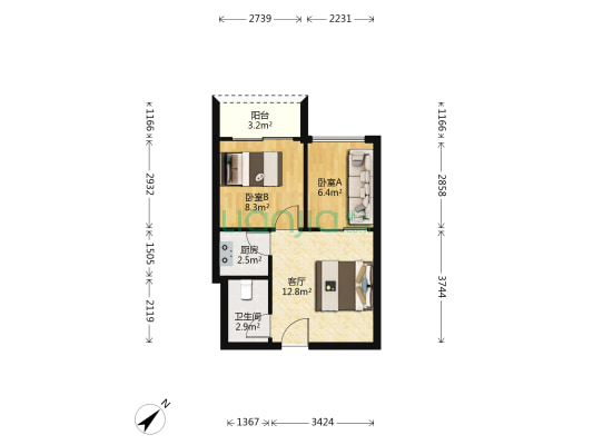 东湖广场湖景公寓 2室1厅1卫 43平方