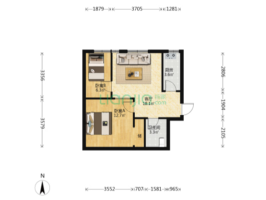 新时代家园两室一厅精装带家具家电电梯中层有证可按揭-户型图