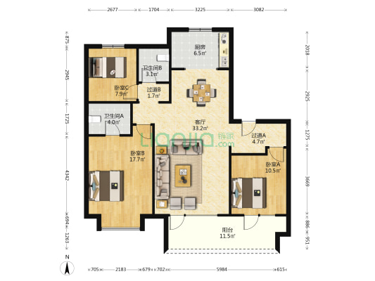 锦悦都二期 3室1厅2卫 130平方