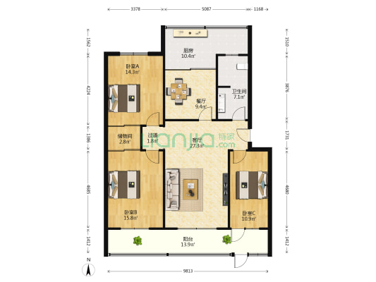 新搬运小区 3室2厅1卫 131平方