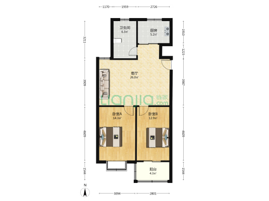 鸿正领寓 2室1厅1卫 97平方