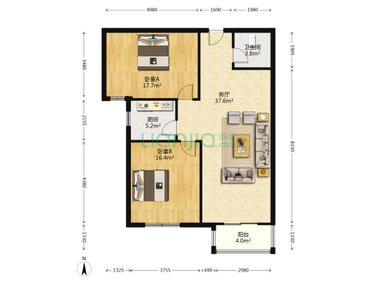 精装修全南两居室，采光视野无遮挡-户型图