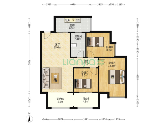 天和悦城 3室1厅1卫 100平方