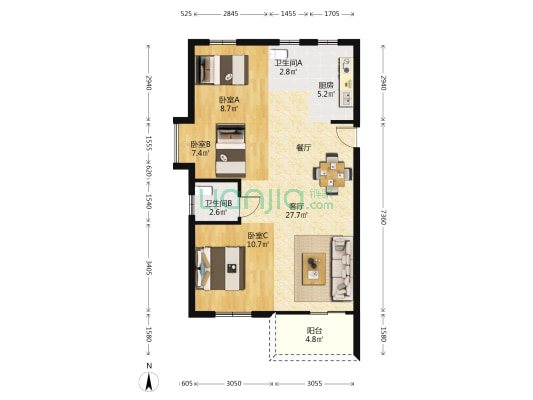 新榕金岚秀山 3室1厅2卫 90平方