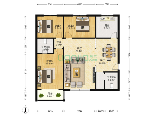 海威大厦 3室2厅2卫 121平方