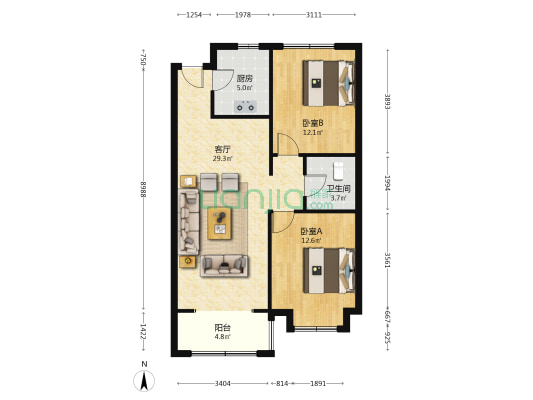 冠云路新加坡花园精装修两居室拎包入住家具家电齐全-户型图