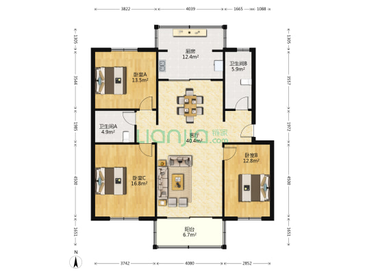惠房苑 3室1厅2卫 129平方