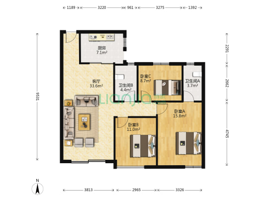 顺宝花园 3室1厅2卫 101平方