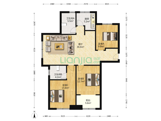 海韵名邦三区 3室1厅2卫 123平方