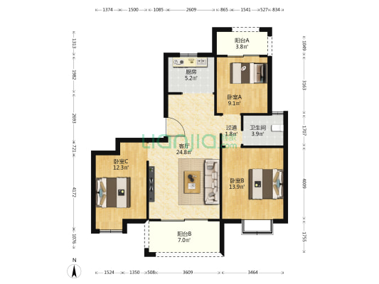 719街区 3室1厅1卫 109平方