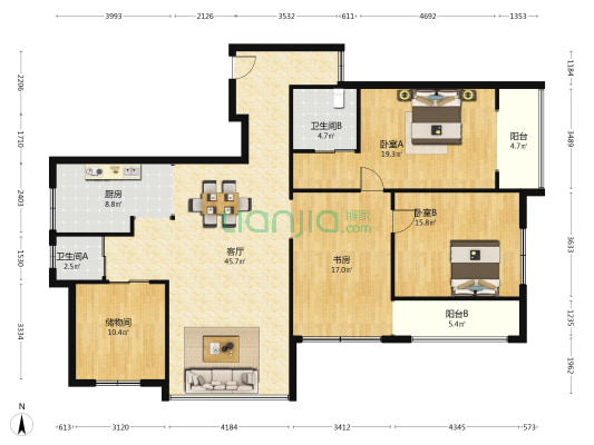 龙翔阳光新城 3室1厅2卫 173平方