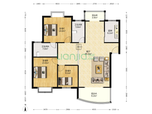 普田花园 3室1厅2卫 143平方