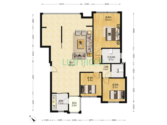 仟坤天玺 3室1厅2卫 128平方