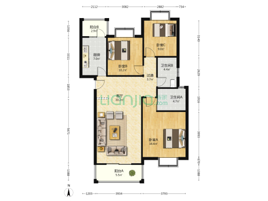 牡丹大道中段420号 3室1厅2卫 109平方