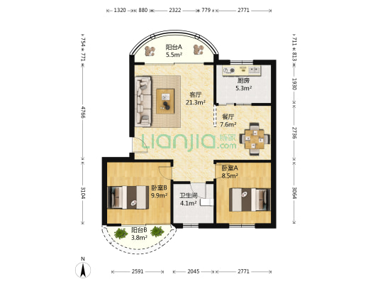 龙福花园 2室2厅1卫 76平方