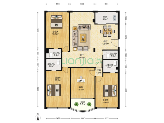 鸿源小区 4室2厅4卫 170平方