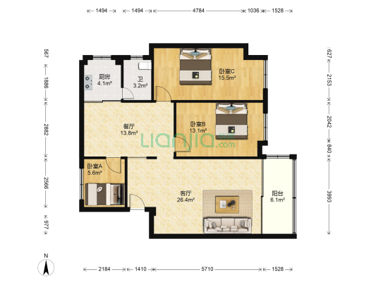 丽丰花园 3室2厅1卫 118平方