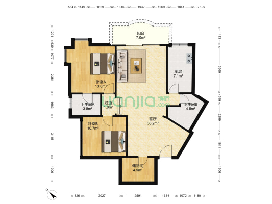 金江明珠 2室1厅2卫 115平方
