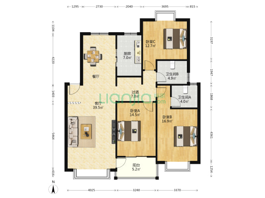 金色家园 3室1厅2卫 131平方