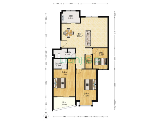 汇锦嘉园 3室1厅2卫 122平方