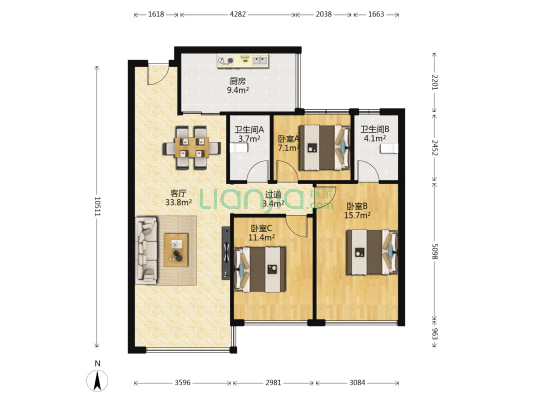 蓝光公园华府二期 3室1厅2卫 110平方