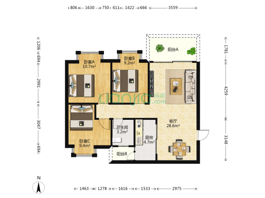 恒和苑 3室1厅1卫 82平方
