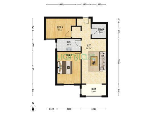 毛坯 中低层 朝阳大两居 前面没有楼无遮挡 小区中间-户型图