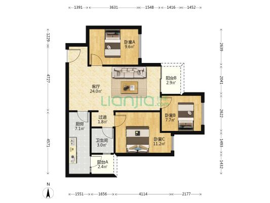 金地自在城艺境博苑 3室1厅1卫 84平方